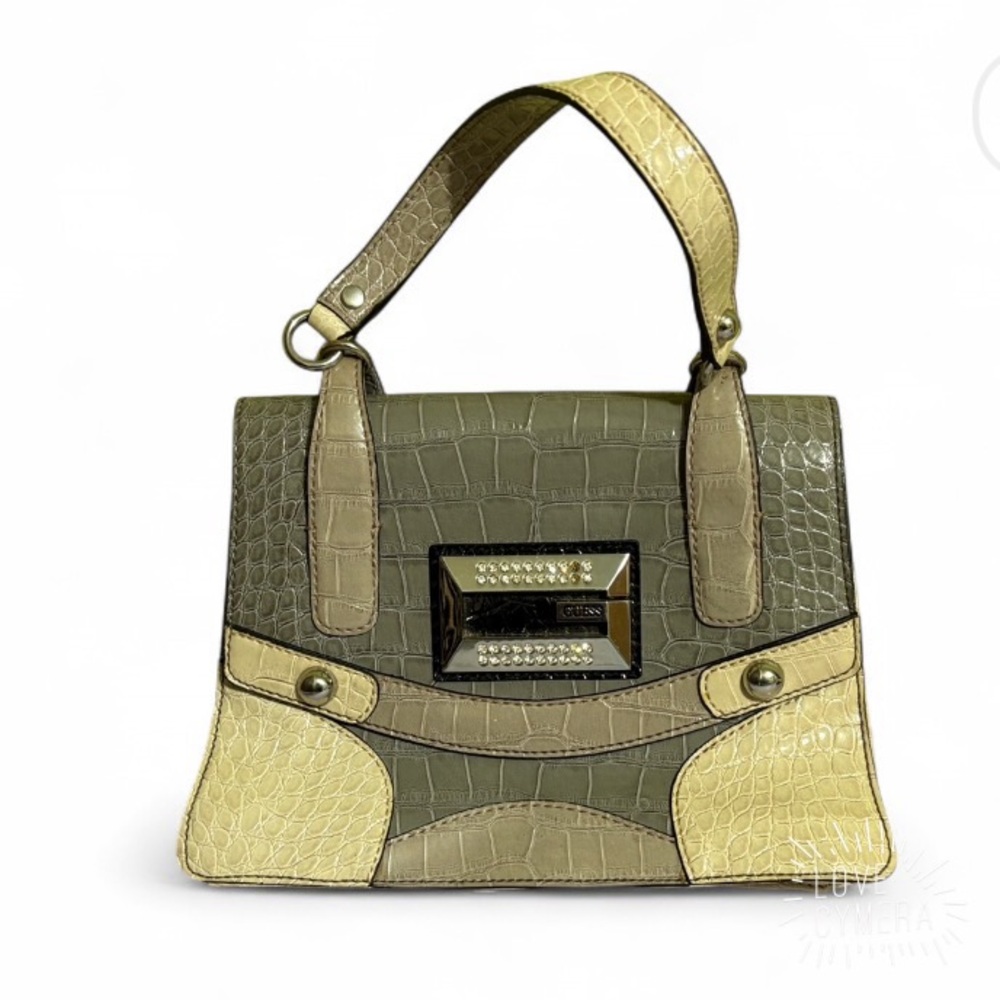 Guess Croc-Embossed Satchel in Taupe & Cream